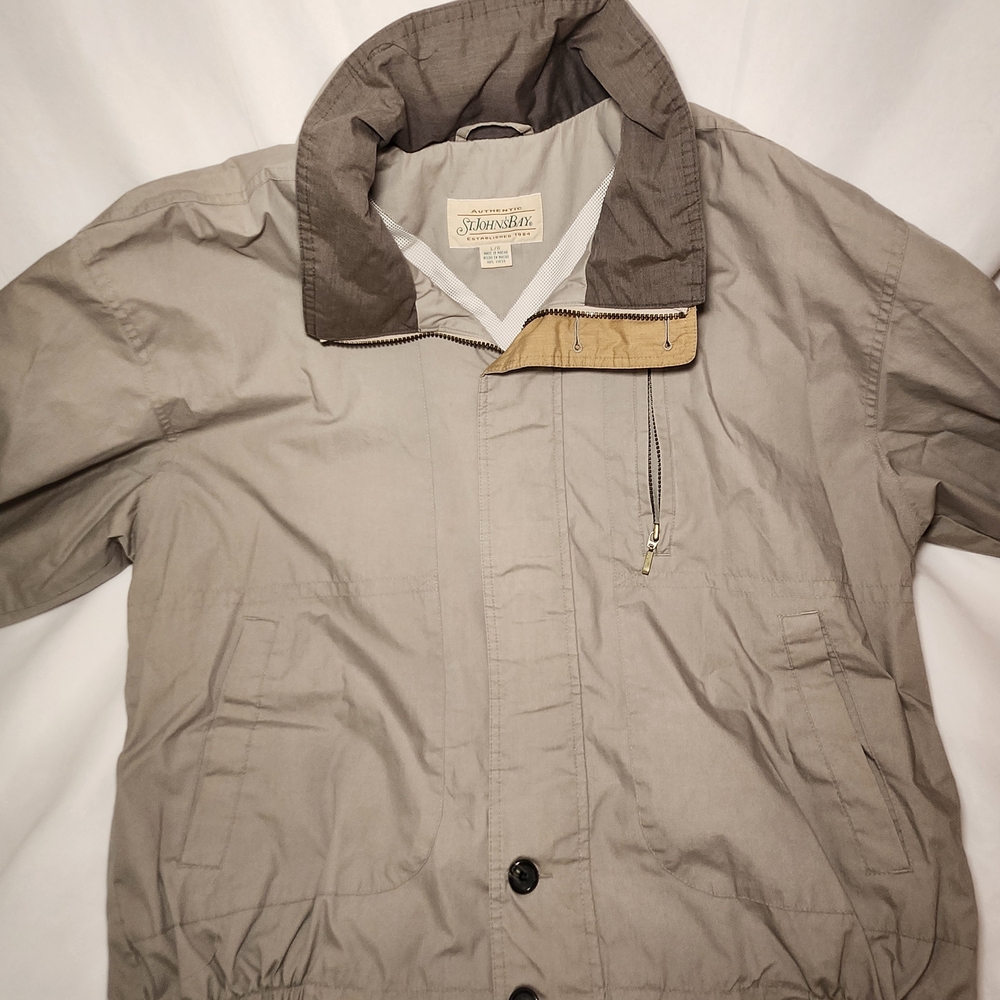 Vintage Golf Jacket St. John's Bay Men's L Beige Khaki Pop-Out Hood